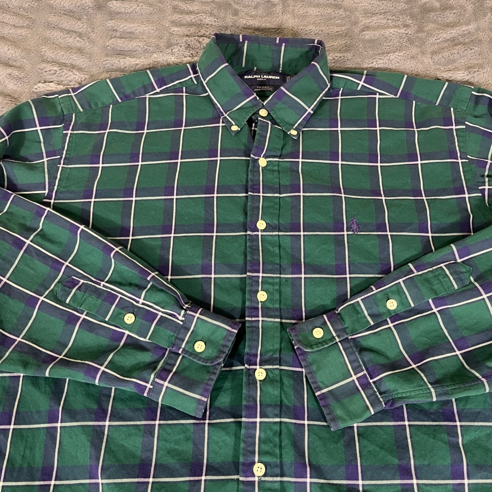 Ralph Lauren Golf Tilden Mens‎ Large Green Purple Plaid Cotton Button Down Shirt